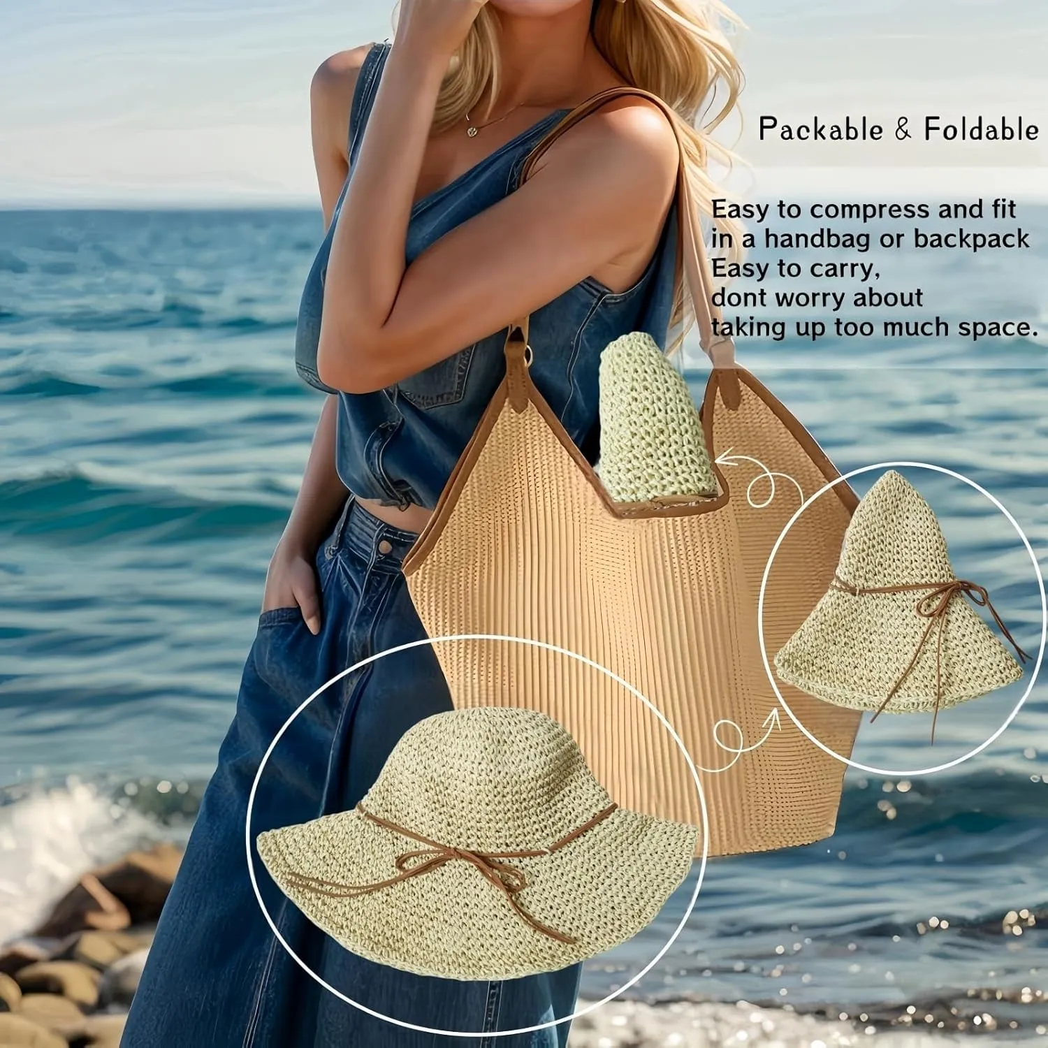 Womens Straw Beach Sun Hats, Foldable Packable Floppy Handmade Crochet Hats for Women,Large Summer Vacation Wide Brim Hat