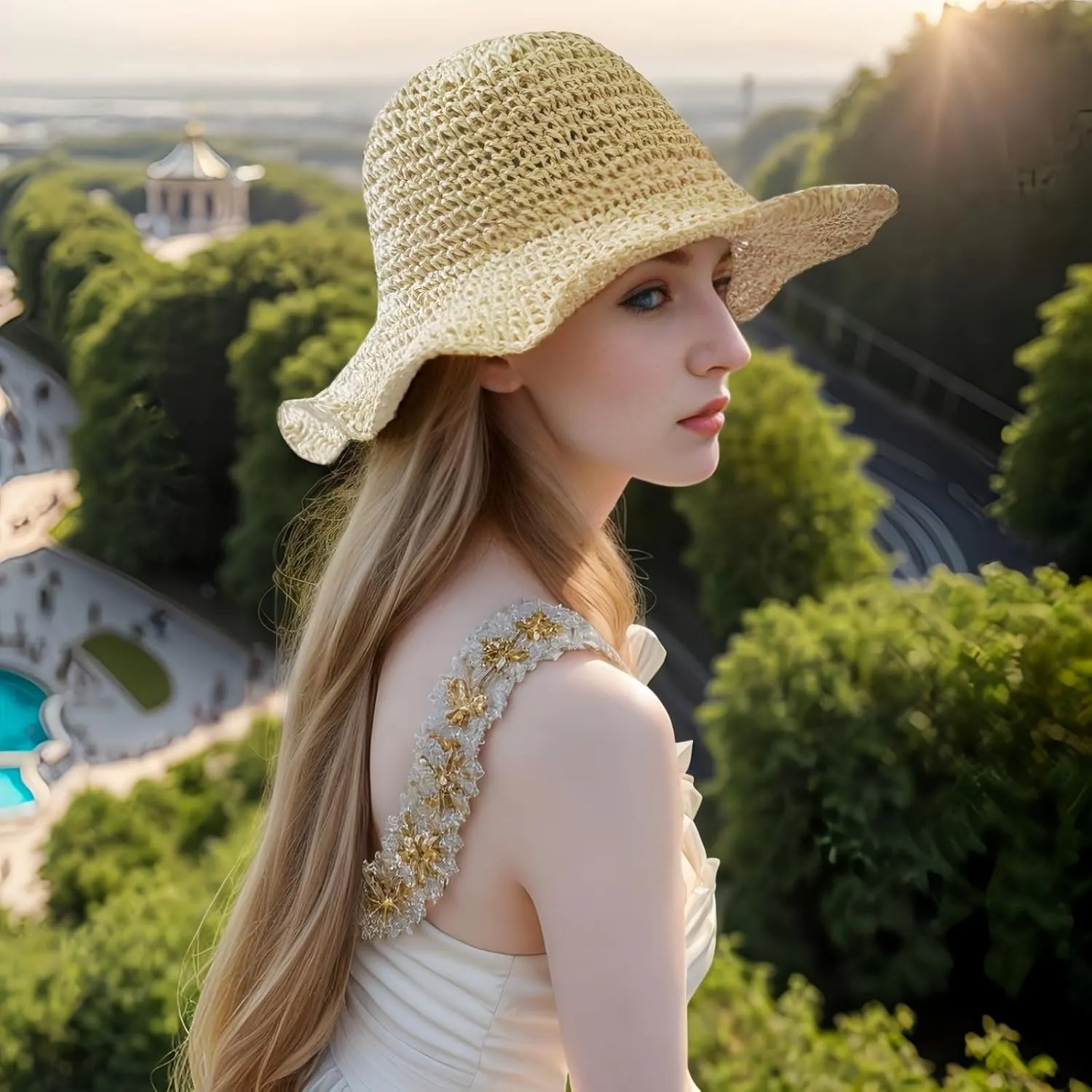 Womens Straw Beach Sun Hats, Foldable Packable Floppy Handmade Crochet Hats for Women,Large Summer Vacation Wide Brim Hat