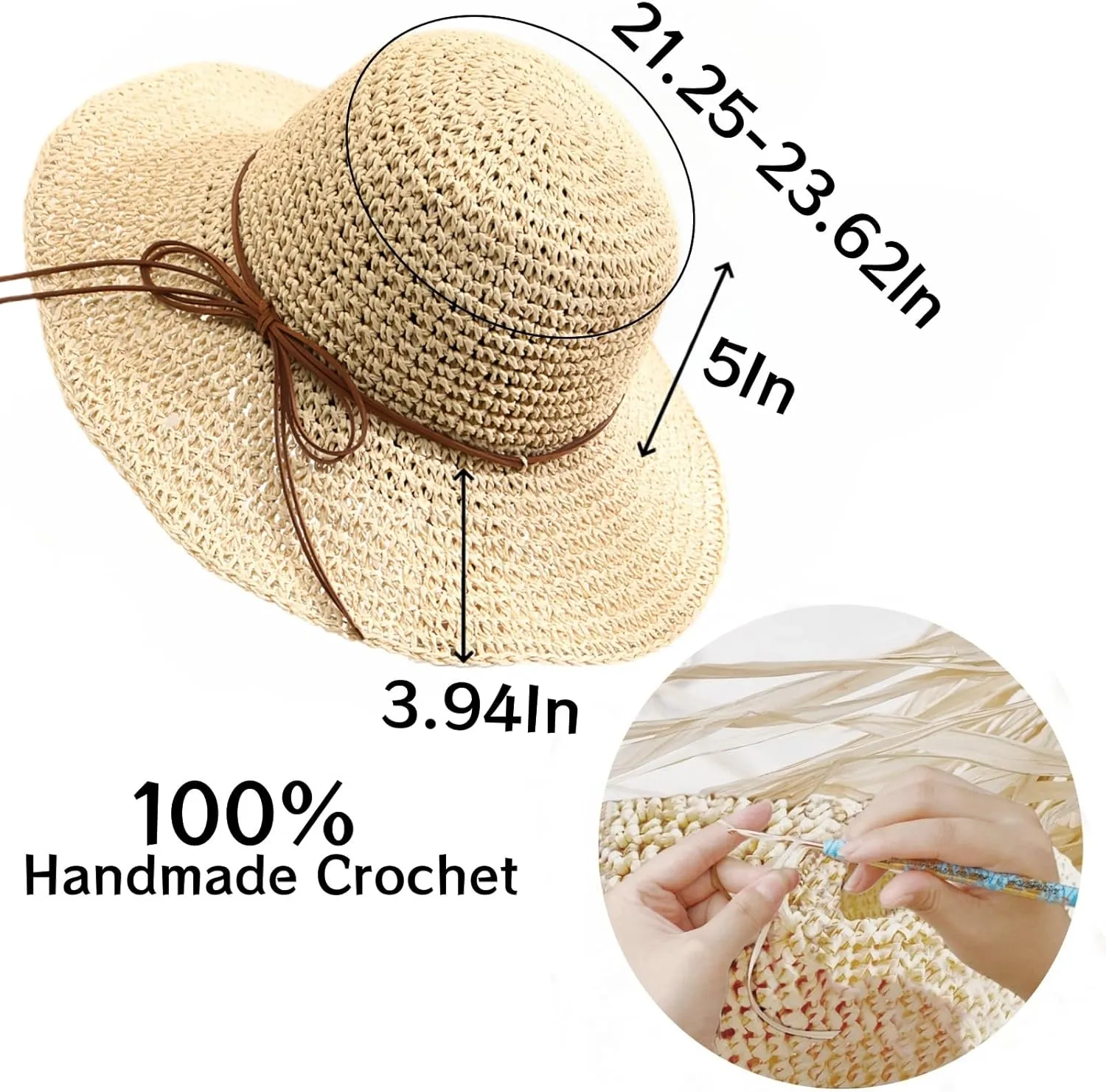 Womens Straw Beach Sun Hats, Foldable Packable Floppy Handmade Crochet Hats for Women,Large Summer Vacation Wide Brim Hat