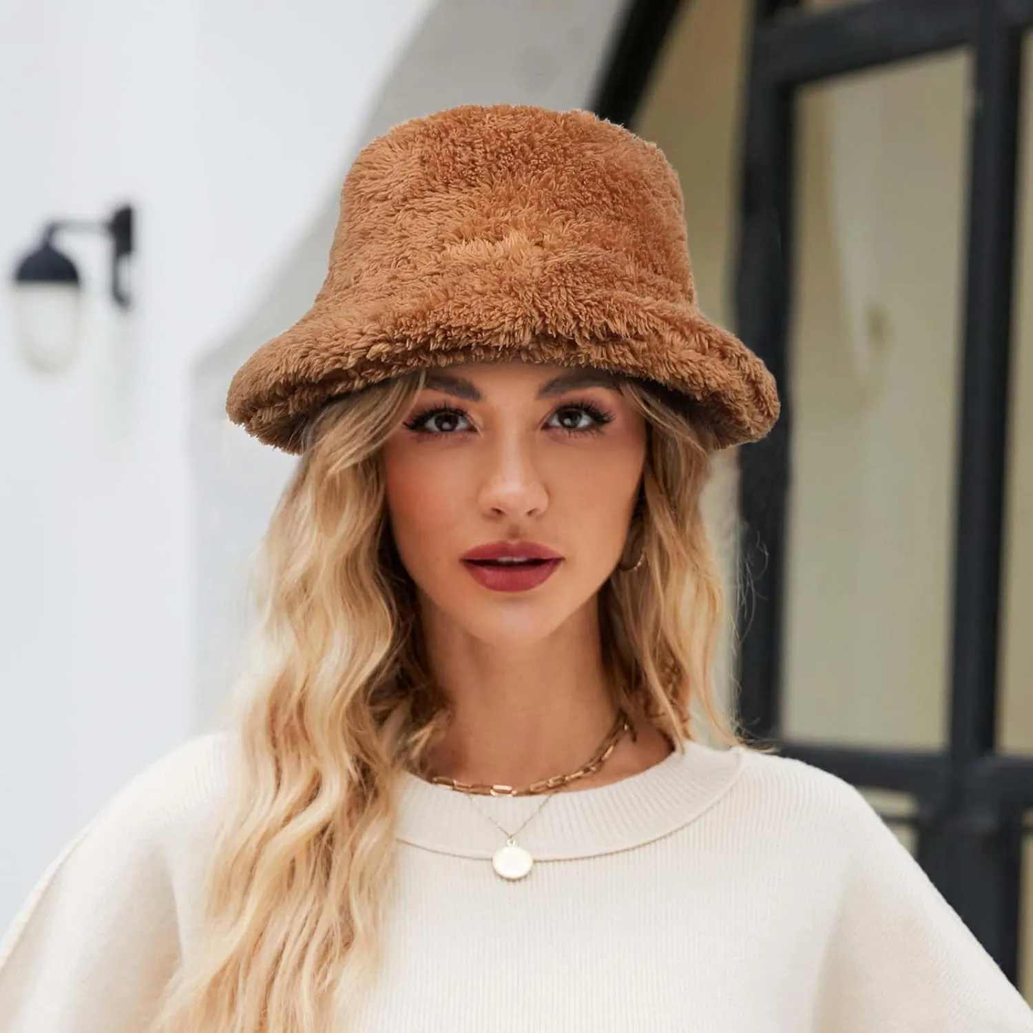 Women's Thermal Fuzzy Fleece Wide Brim Faux Fur Bucket Hat Winter Plush Fluffy Warmer Fisherman Cap for Cold Weather