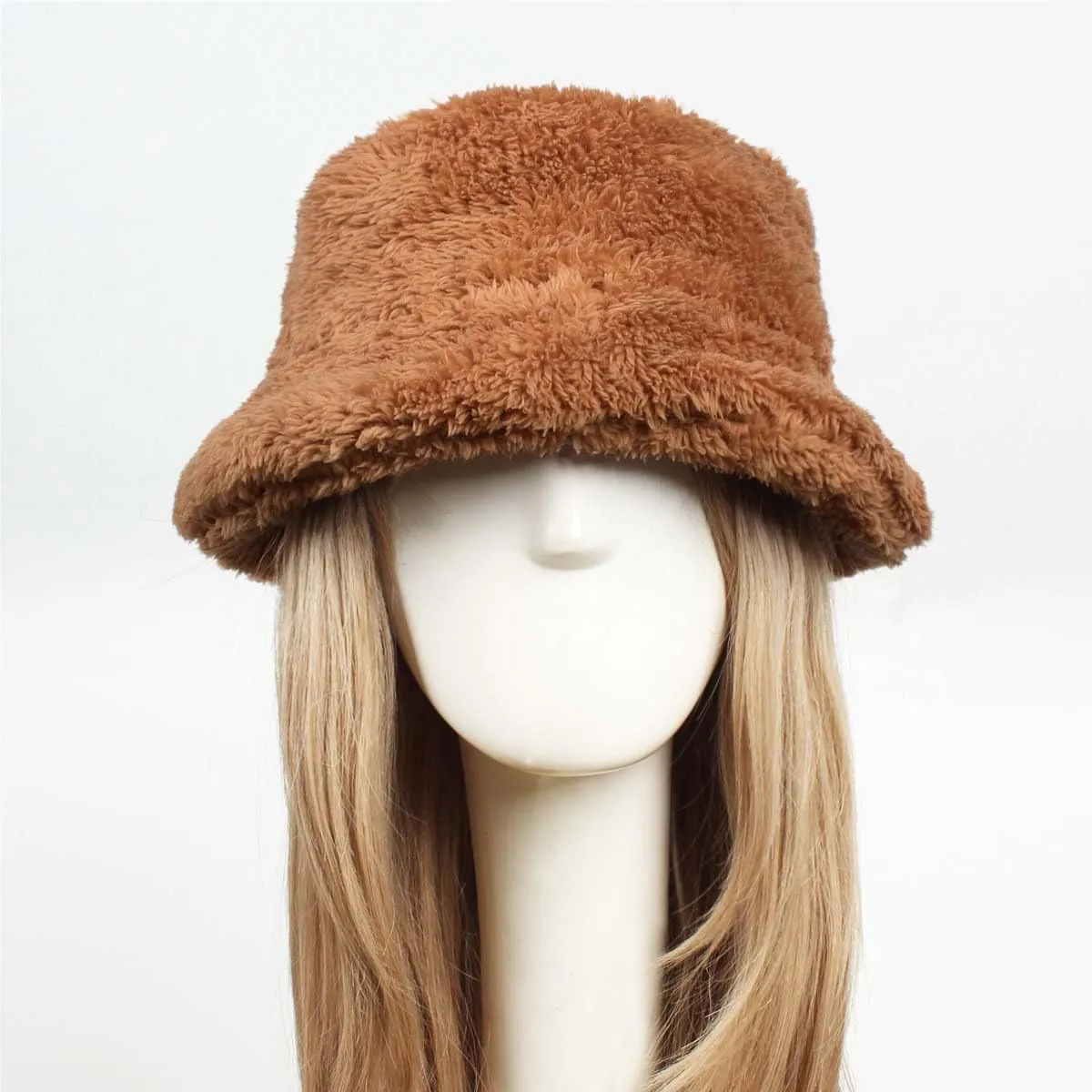 Women's Thermal Fuzzy Fleece Wide Brim Faux Fur Bucket Hat Winter Plush Fluffy Warmer Fisherman Cap for Cold Weather