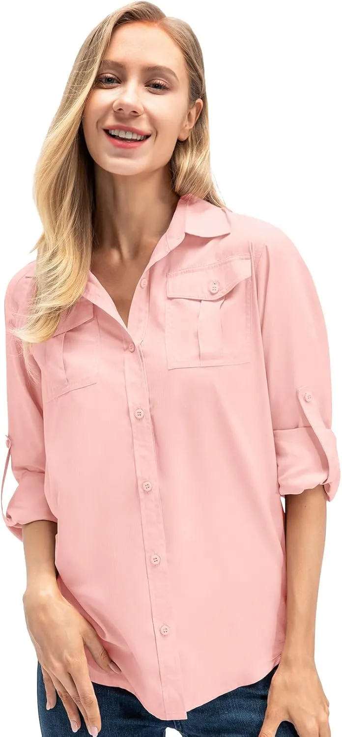 Women's UPF 50  UV Sun Protection Long Sleeve Safari Shirts Outdoor Quick Dry Fishing Hiking Travel Shirts