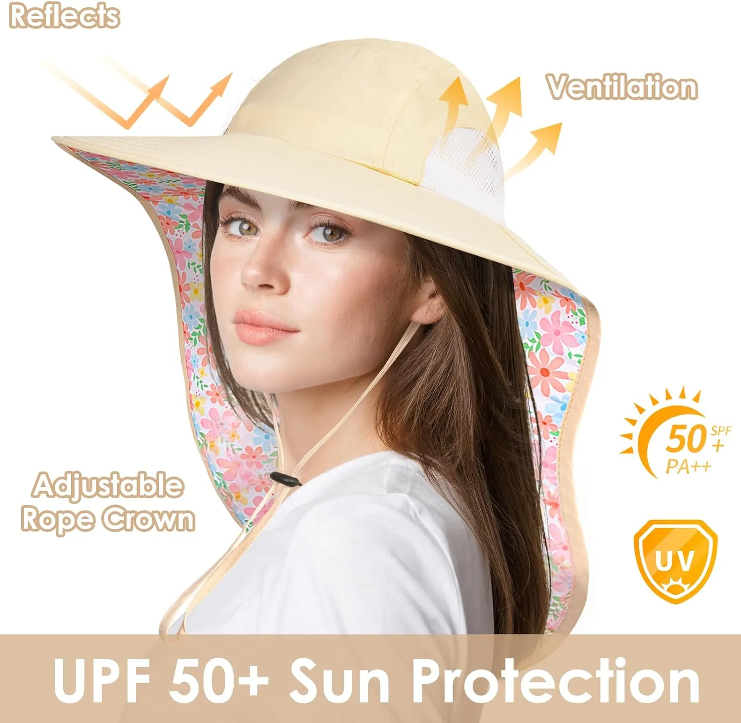 Women's Wide Brim Sun Hat with Neck Flap UPF 50  UV Protection  Lightweight Outdoor Hats for Beach Fishing Hiking