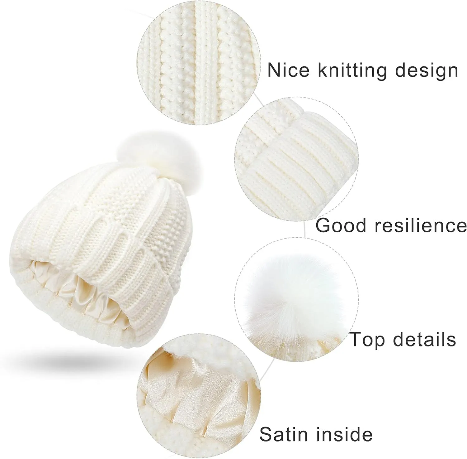 Womens Winter Beanie Hat Satin Lined Pompom Beanie Hat for Women Winter Thick Warm Slouchy Cable Knit Hats