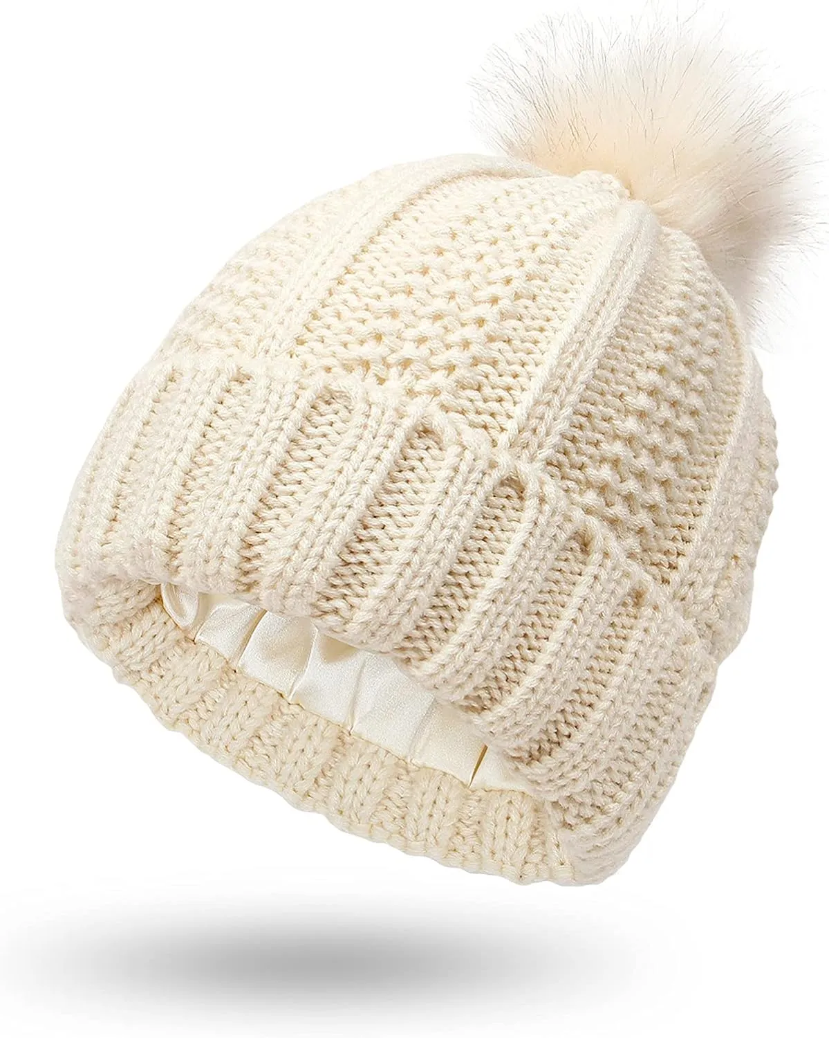 Womens Winter Beanie Hat Satin Lined Pompom Beanie Hat for Women Winter Thick Warm Slouchy Cable Knit Hats