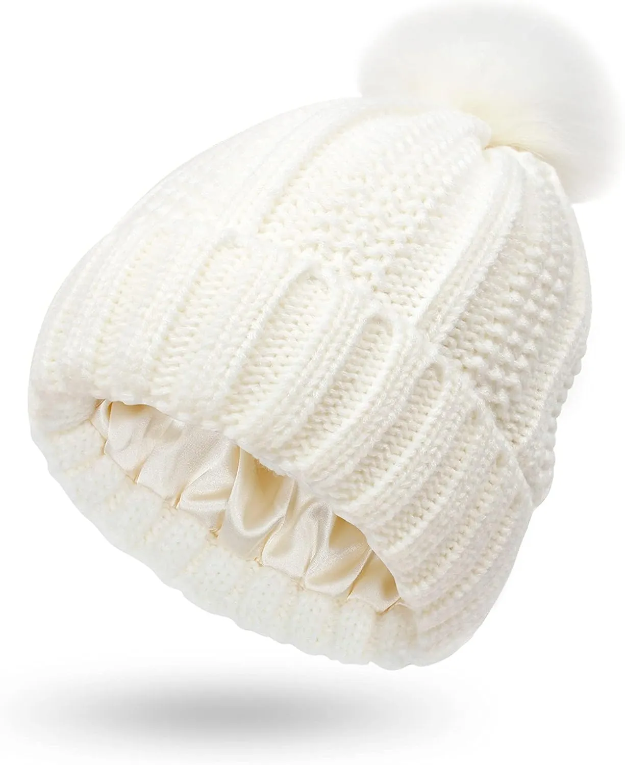 Womens Winter Beanie Hat Satin Lined Pompom Beanie Hat for Women Winter Thick Warm Slouchy Cable Knit Hats