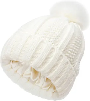 Womens Winter Beanie Hat Satin Lined Pompom Beanie Hat for Women Winter Thick Warm Slouchy Cable Knit Hats