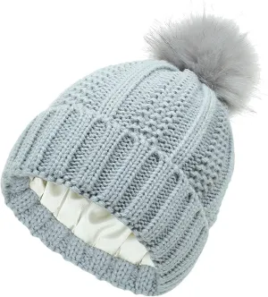 Womens Winter Beanie Hat Satin Lined Pompom Beanie Hat for Women Winter Thick Warm Slouchy Cable Knit Hats