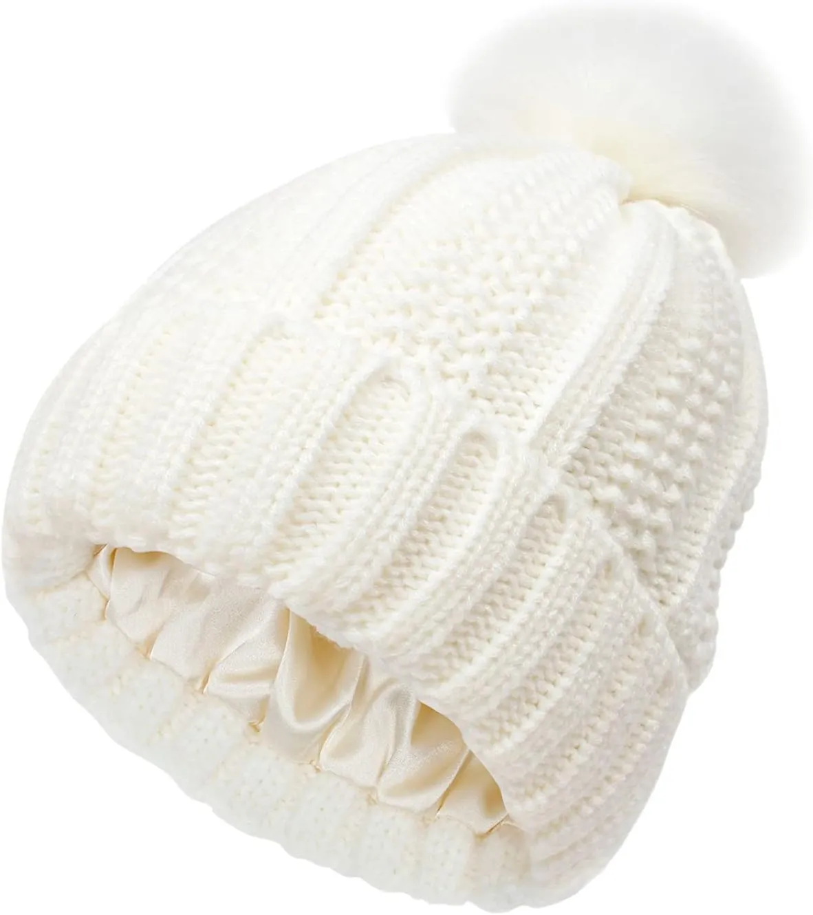 Womens Winter Beanie Hat Satin Lined Pompom Beanie Hat for Women Winter Thick Warm Slouchy Cable Knit Hats