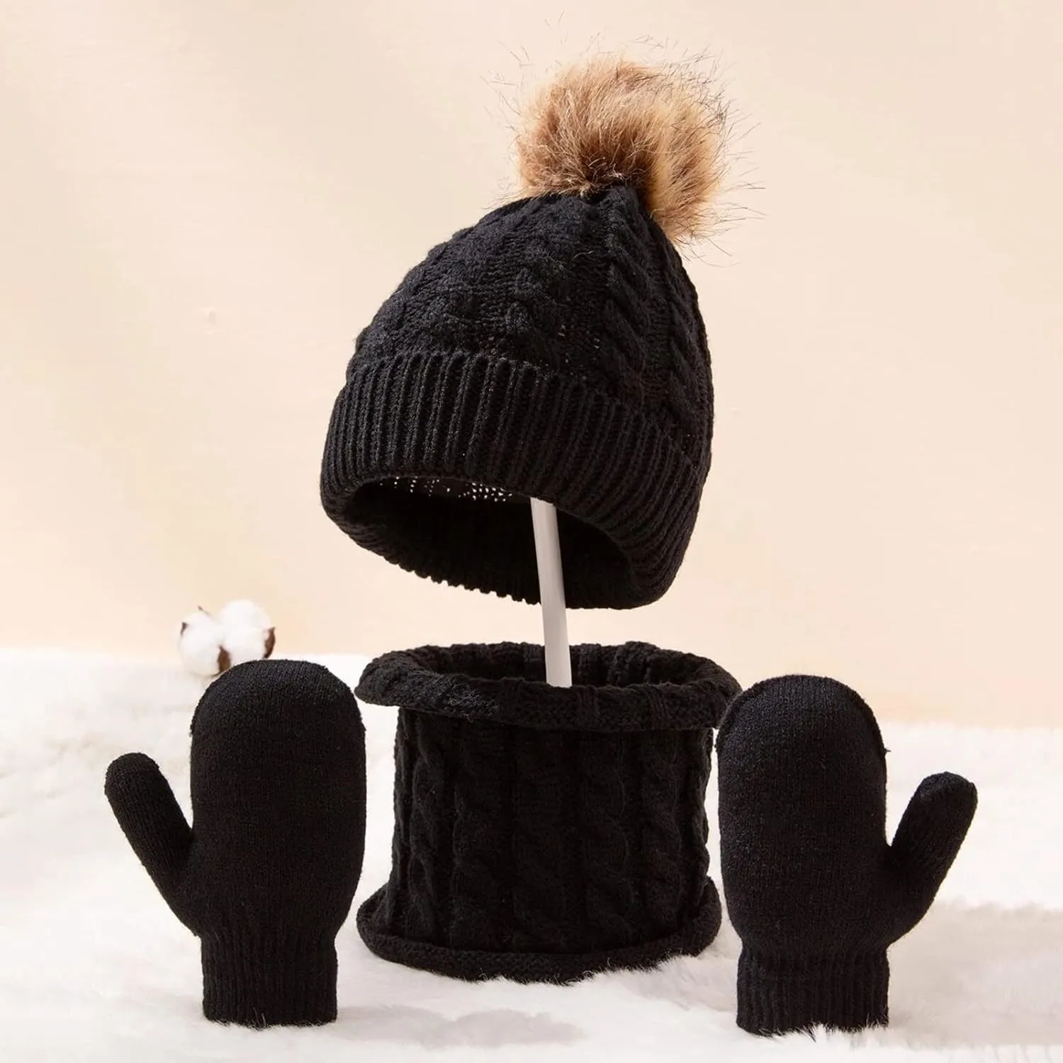 Womens Winter Beanie Hat, Silk Satin Lined Pompom Beanie Hat for Women Girls Warm Winter Knit Hats
