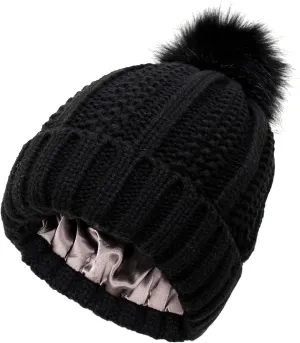 Womens Winter Beanie Hat, Warm Lined Knitted Soft Ski Cuff Cap with Faux Fur Pom Pom Thick Knit Skull Cap