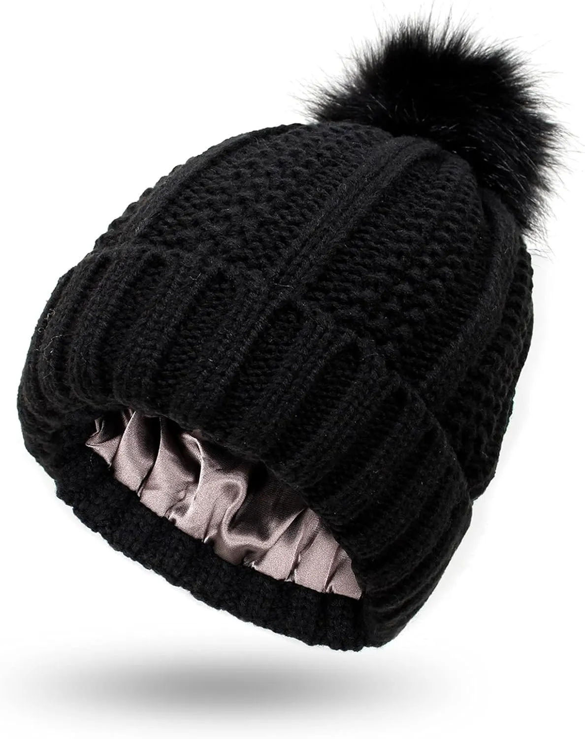 Womens Winter Beanie Hat, Warm Lined Knitted Soft Ski Cuff Cap with Faux Fur Pom Pom Thick Knit Skull Cap