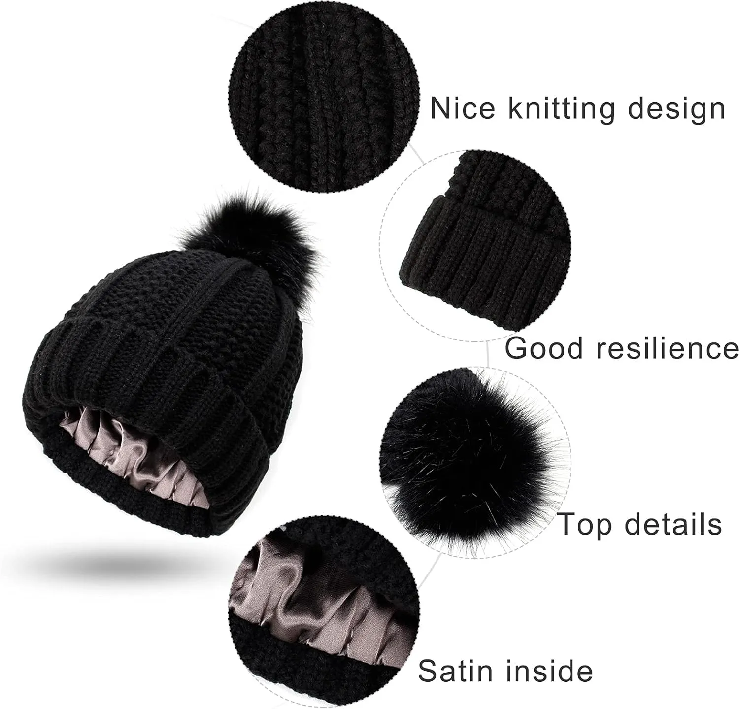 Womens Winter Beanie Hat, Warm Lined Knitted Soft Ski Cuff Cap with Faux Fur Pom Pom Thick Knit Skull Cap