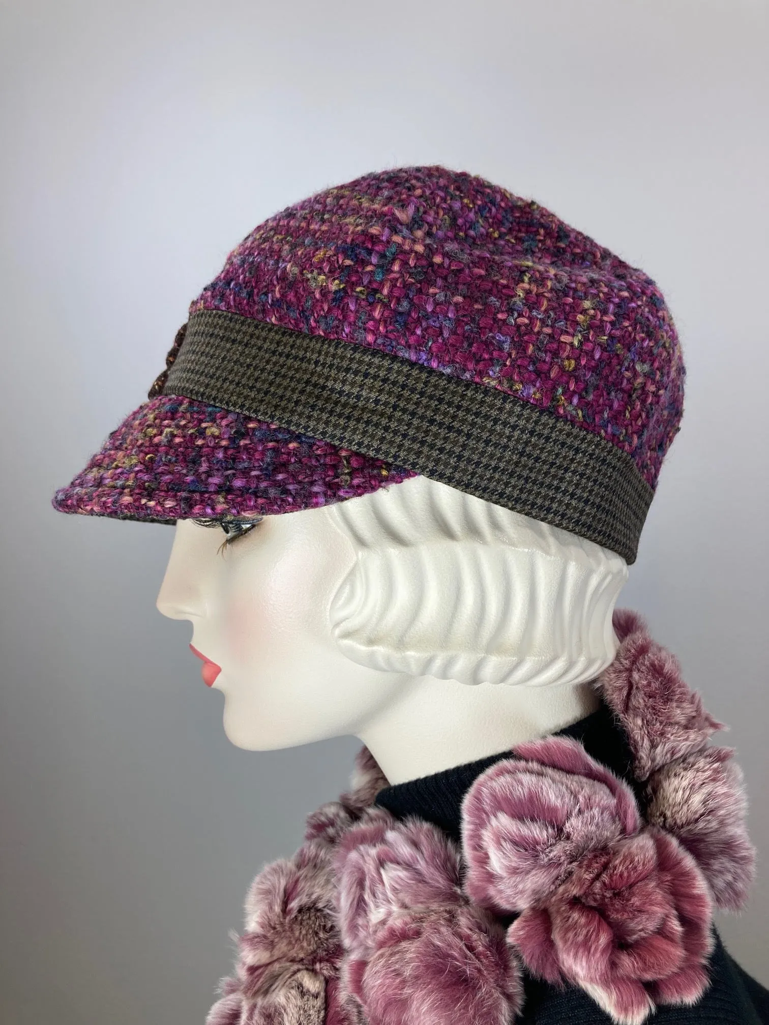 Women's winter hat baseball style. Newsboy hat Berry Pink, purple, brown. Casual comfy warm hat ladies. Fabric travel hat. Ladies soft hat.