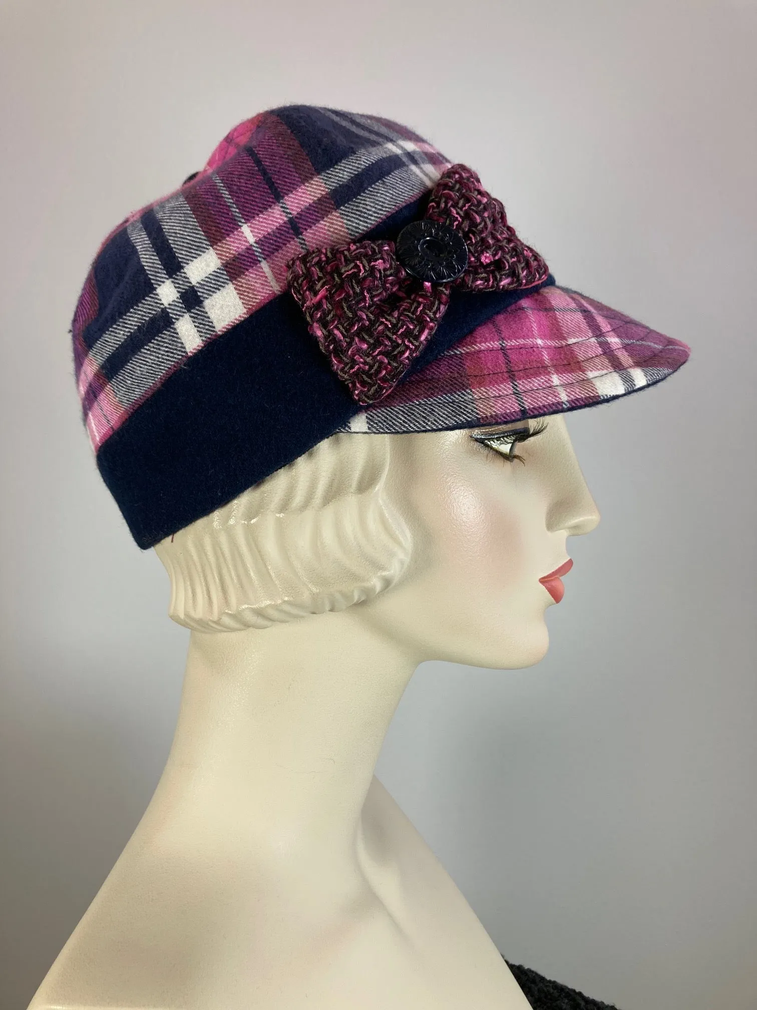 Women's winter hat pink and blue plaid newsboy baseball style. Casual comfy ladies hat. Stylish soft fabric hat.