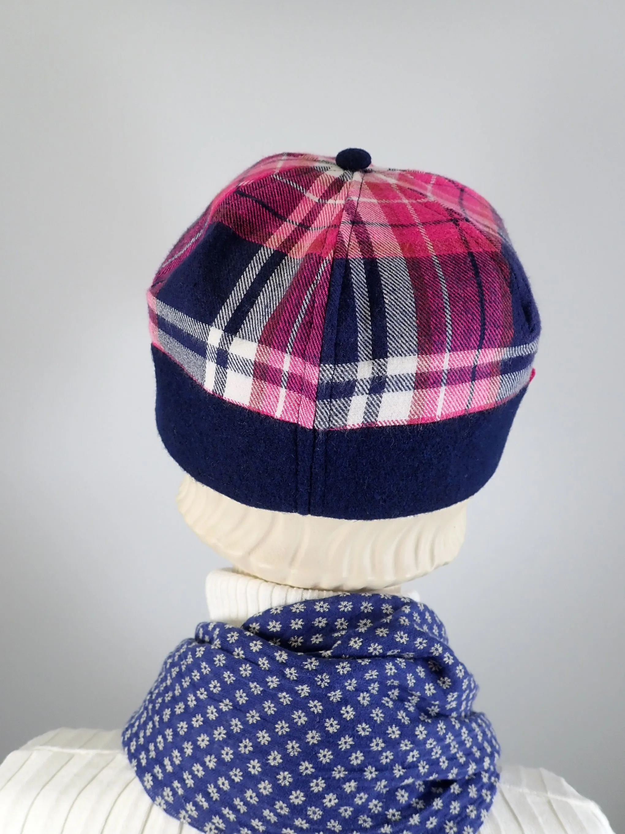 Women's winter hat pink and blue plaid newsboy baseball style. Casual comfy ladies hat. Stylish soft fabric hat.