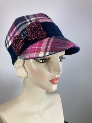 Women's winter hat pink and blue plaid newsboy baseball style. Casual comfy ladies hat. Stylish soft fabric hat.