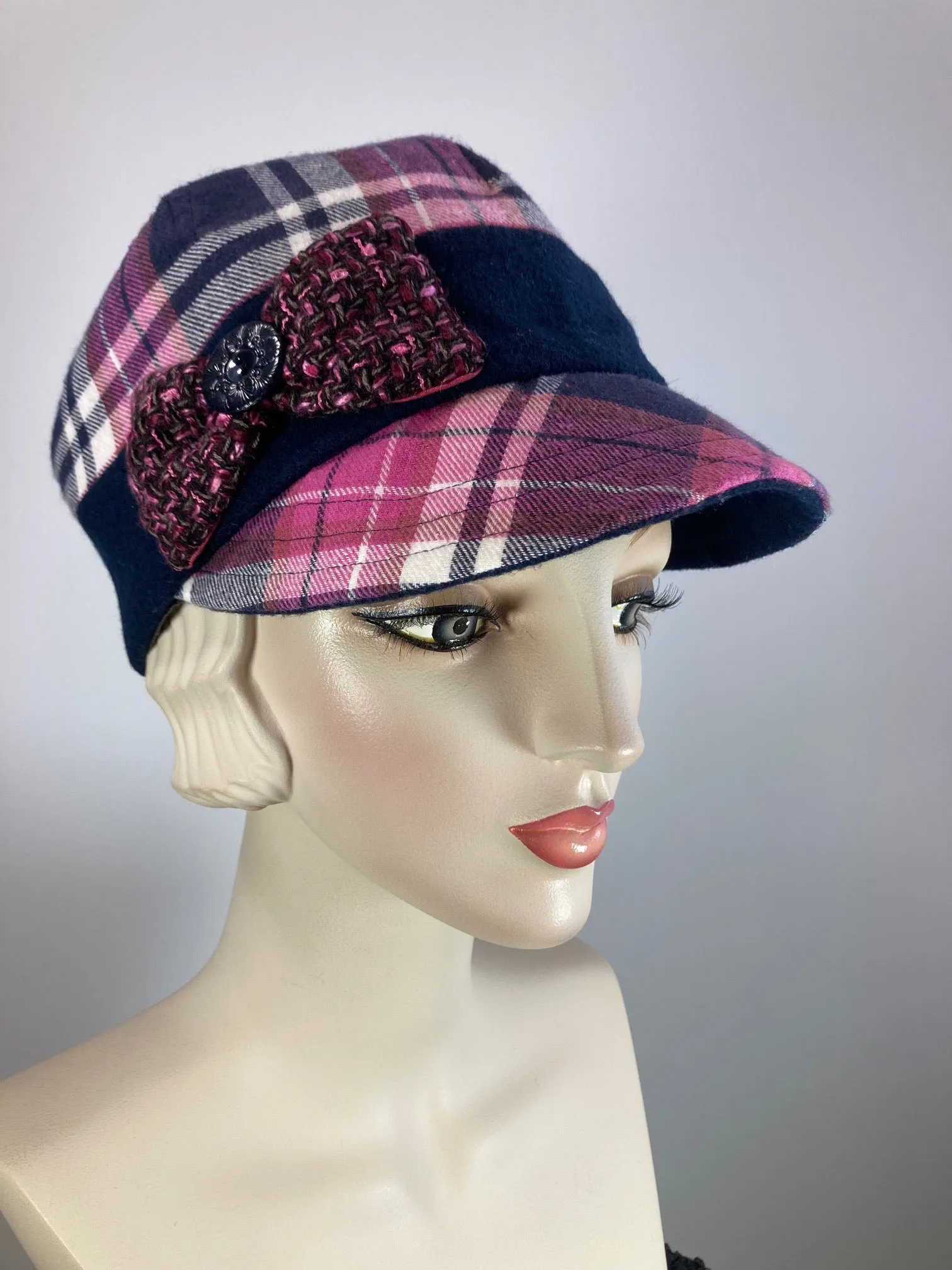 Women's winter hat pink and blue plaid newsboy baseball style. Casual comfy ladies hat. Stylish soft fabric hat.
