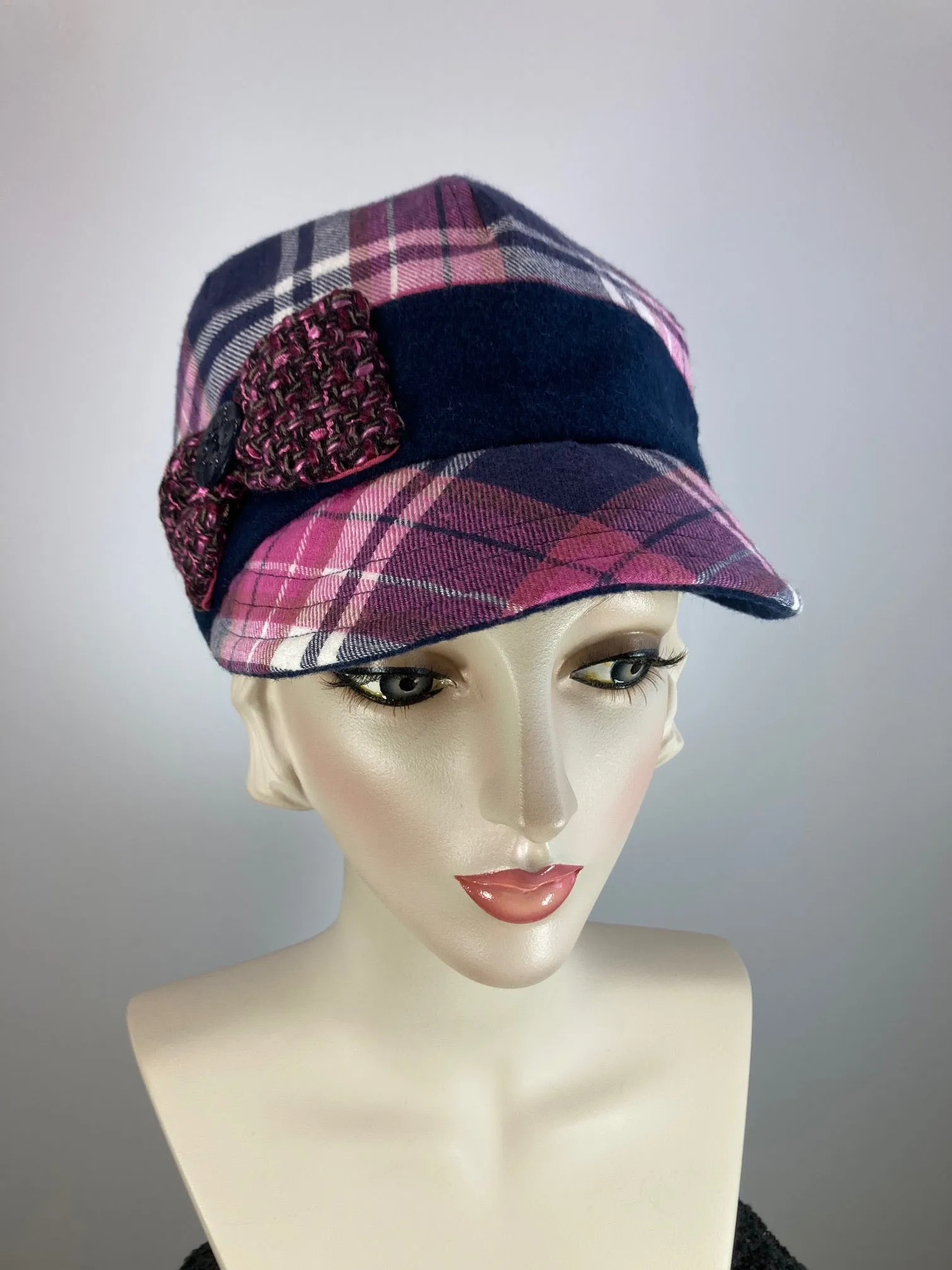 Women's winter hat pink and blue plaid newsboy baseball style. Casual comfy ladies hat. Stylish soft fabric hat.