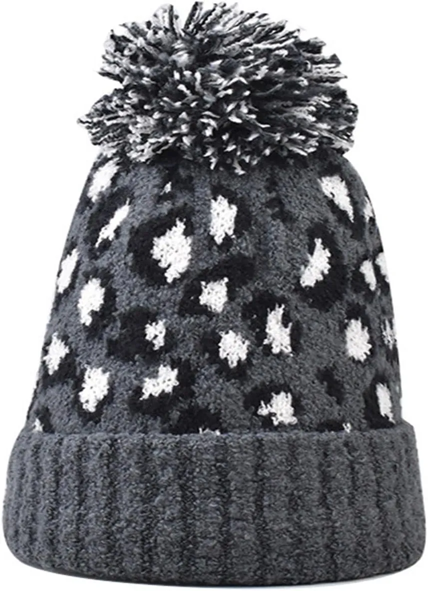 Womens Winter Knitted Beanie Hat with Faux Fur Pom Classic Warm Leopard Print Knit Skull Cap Knitted Beanie Hats