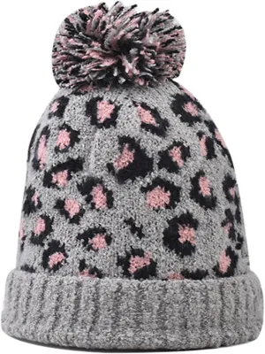 Womens Winter Knitted Beanie Hat with Faux Fur Pom Classic Warm Leopard Print Knit Skull Cap Knitted Beanie Hats