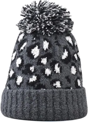Womens Winter Knitted Beanie Hat with Faux Fur Pom Classic Warm Leopard Print Knit Skull Cap Knitted Beanie Hats