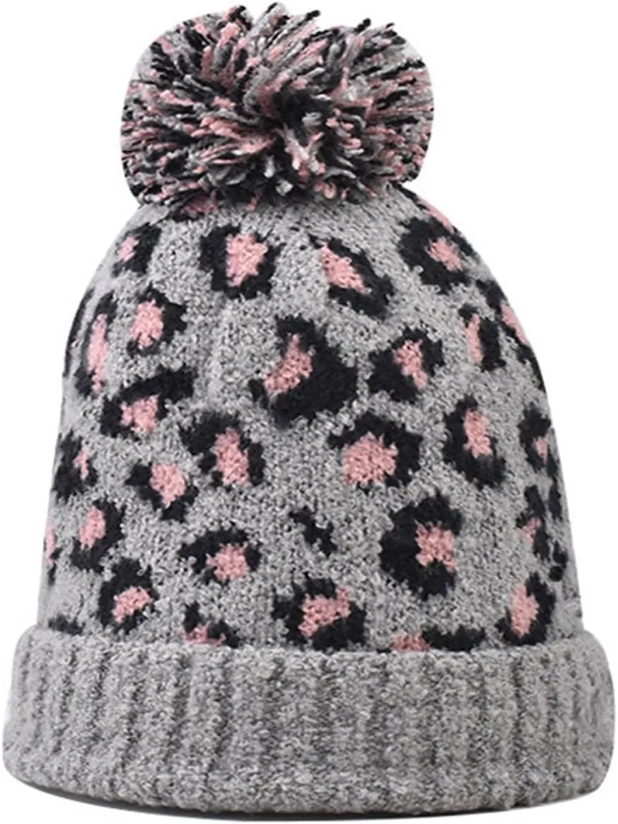 Womens Winter Knitted Beanie Hat with Faux Fur Pom Classic Warm Leopard Print Knit Skull Cap Knitted Beanie Hats