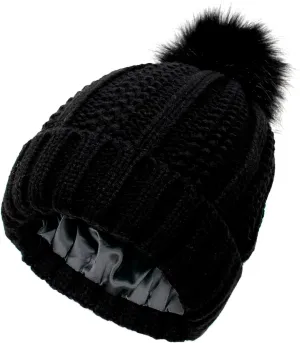 Womens Winter Pompom Beanie Hat, Womens Winter Warm Fleece Lined Knitted Soft Ski Cuff Cap with Pompom