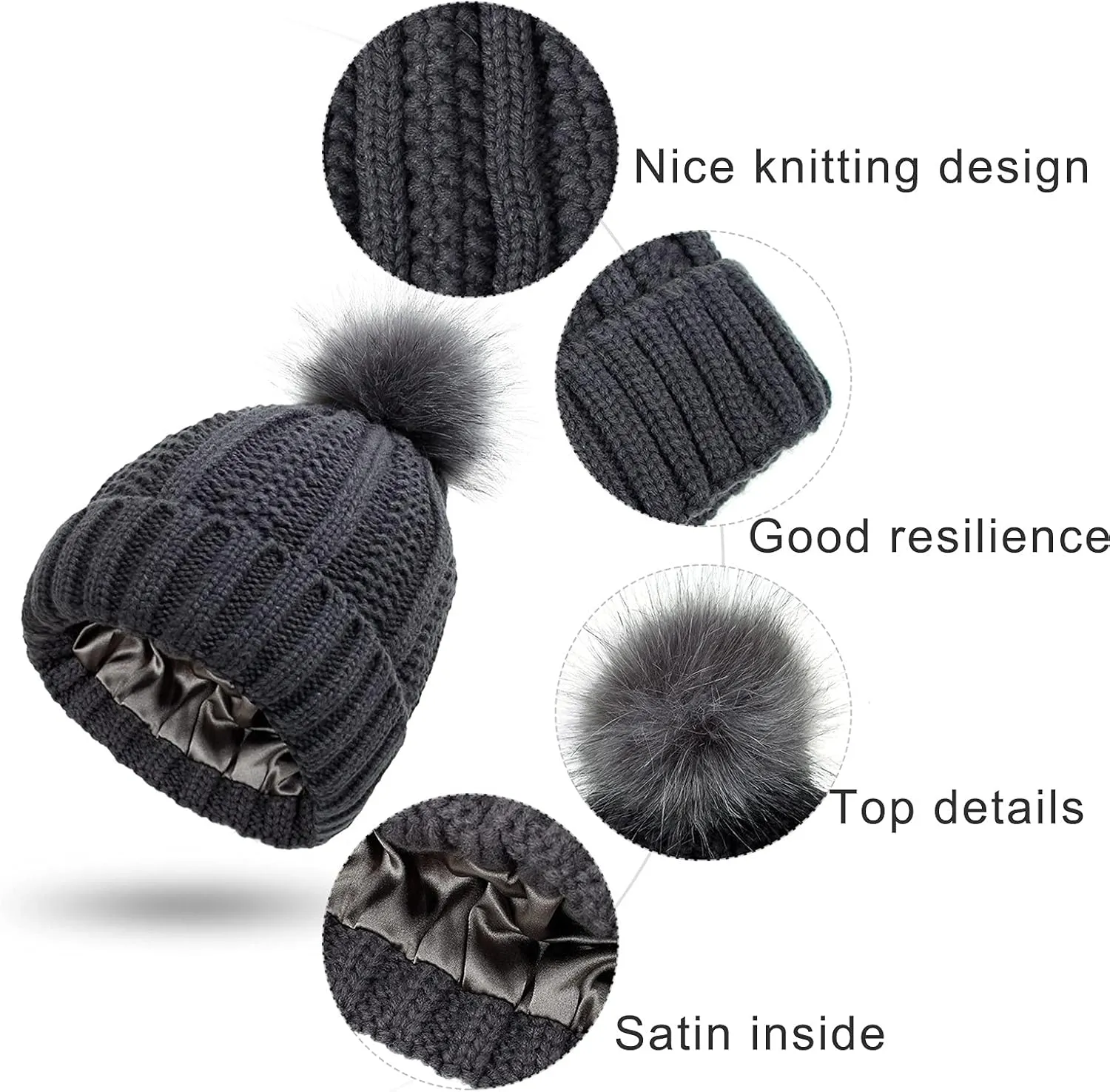 Womens Winter Pompom Beanie Hat, Womens Winter Warm Fleece Lined Knitted Soft Ski Cuff Cap with Pompom
