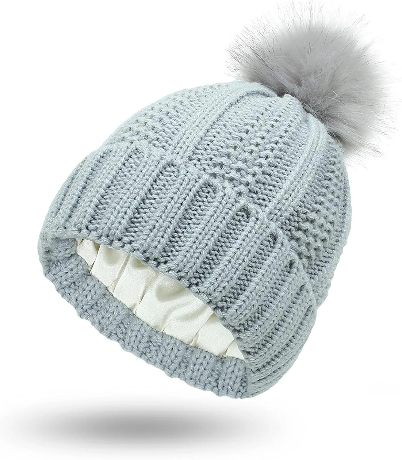 Womens Winter Pompom Beanie Hat, Womens Winter Warm Fleece Lined Knitted Soft Ski Cuff Cap with Pompom