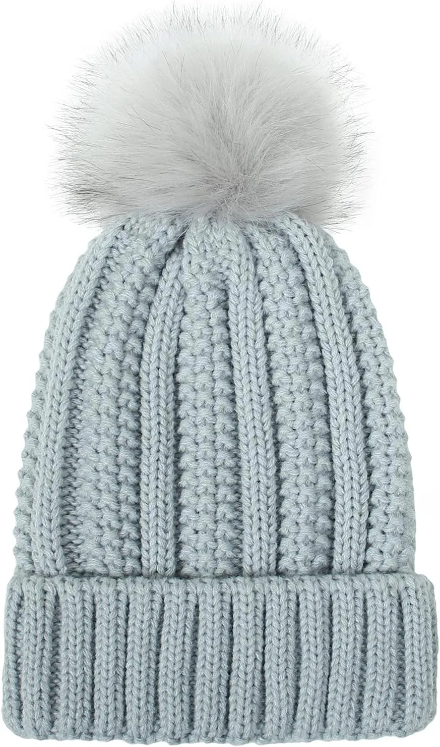 Womens Winter Pompom Beanie Hat, Womens Winter Warm Fleece Lined Knitted Soft Ski Cuff Cap with Pompom