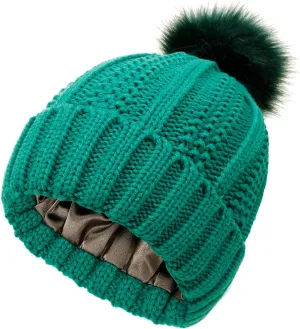 Womens Winter Pompom Beanie Hat, Womens Winter Warm Fleece Lined Knitted Soft Ski Cuff Cap with Pompom