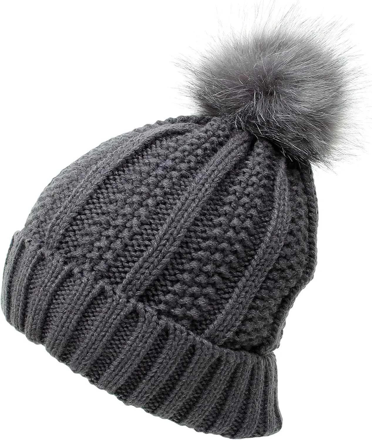 Womens Winter Pompom Beanie Hat, Womens Winter Warm Fleece Lined Knitted Soft Ski Cuff Cap with Pompom