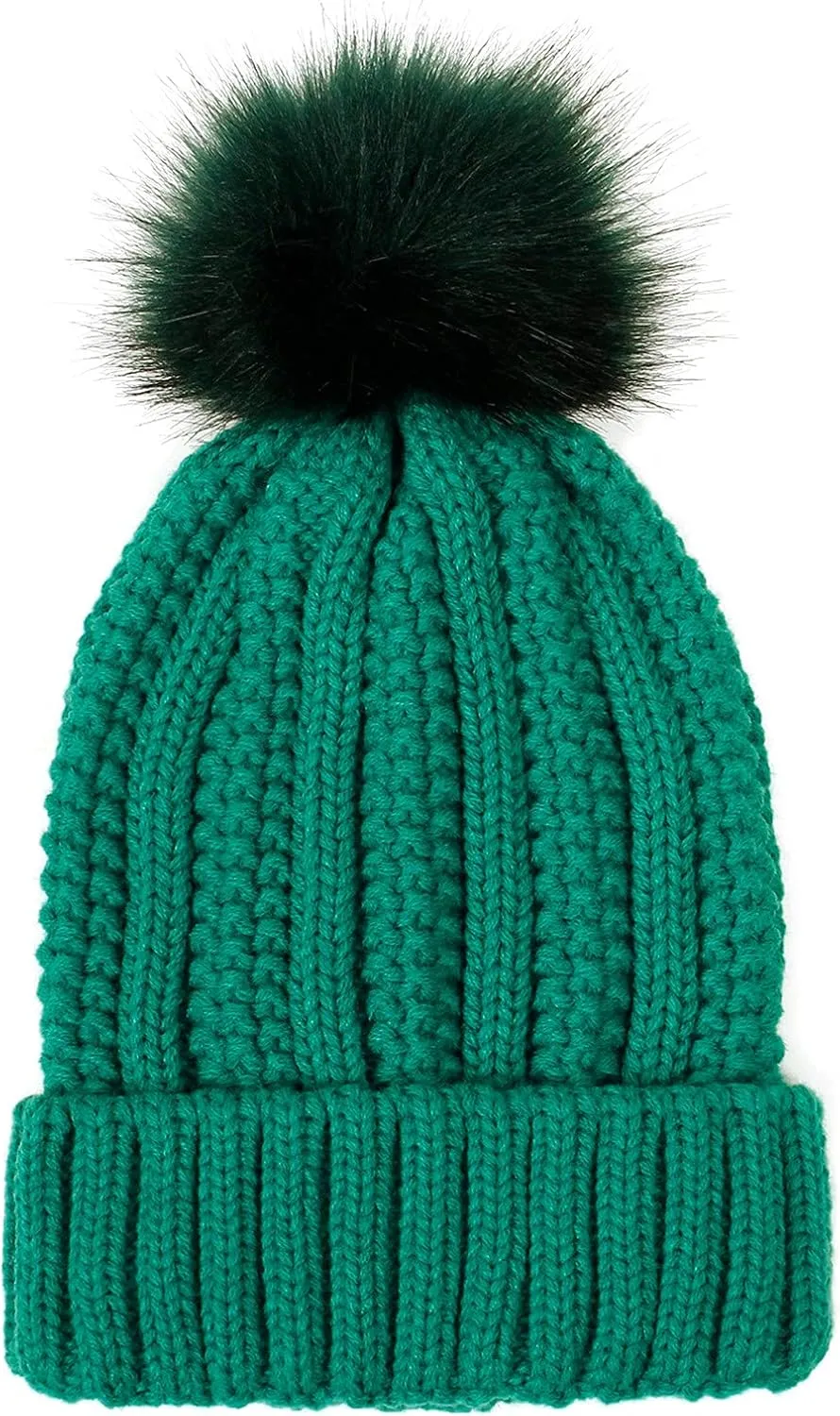 Womens Winter Pompom Beanie Hat, Womens Winter Warm Fleece Lined Knitted Soft Ski Cuff Cap with Pompom