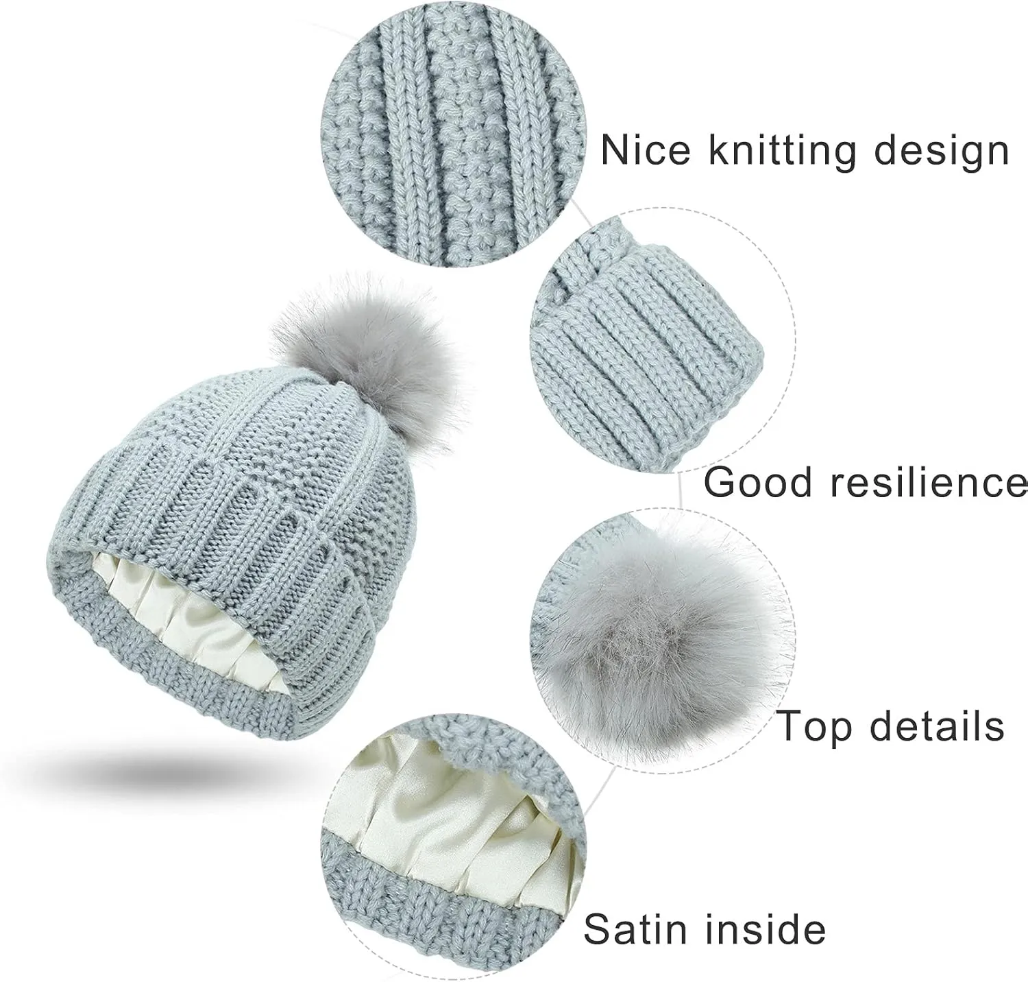 Womens Winter Pompom Beanie Hat, Womens Winter Warm Fleece Lined Knitted Soft Ski Cuff Cap with Pompom