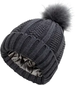 Womens Winter Pompom Beanie Hat, Womens Winter Warm Fleece Lined Knitted Soft Ski Cuff Cap with Pompom