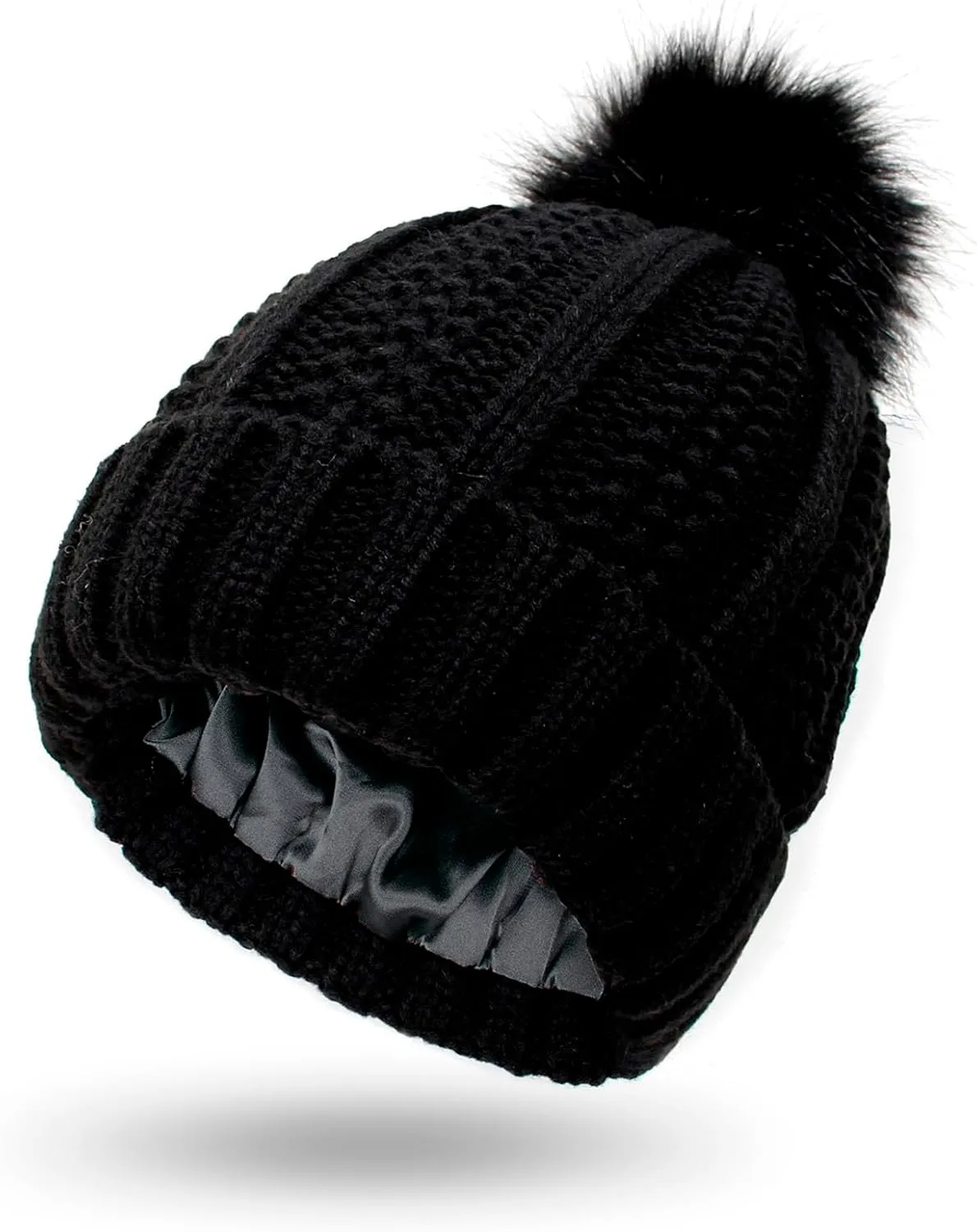 Womens Winter Pompom Beanie Hat, Womens Winter Warm Fleece Lined Knitted Soft Ski Cuff Cap with Pompom