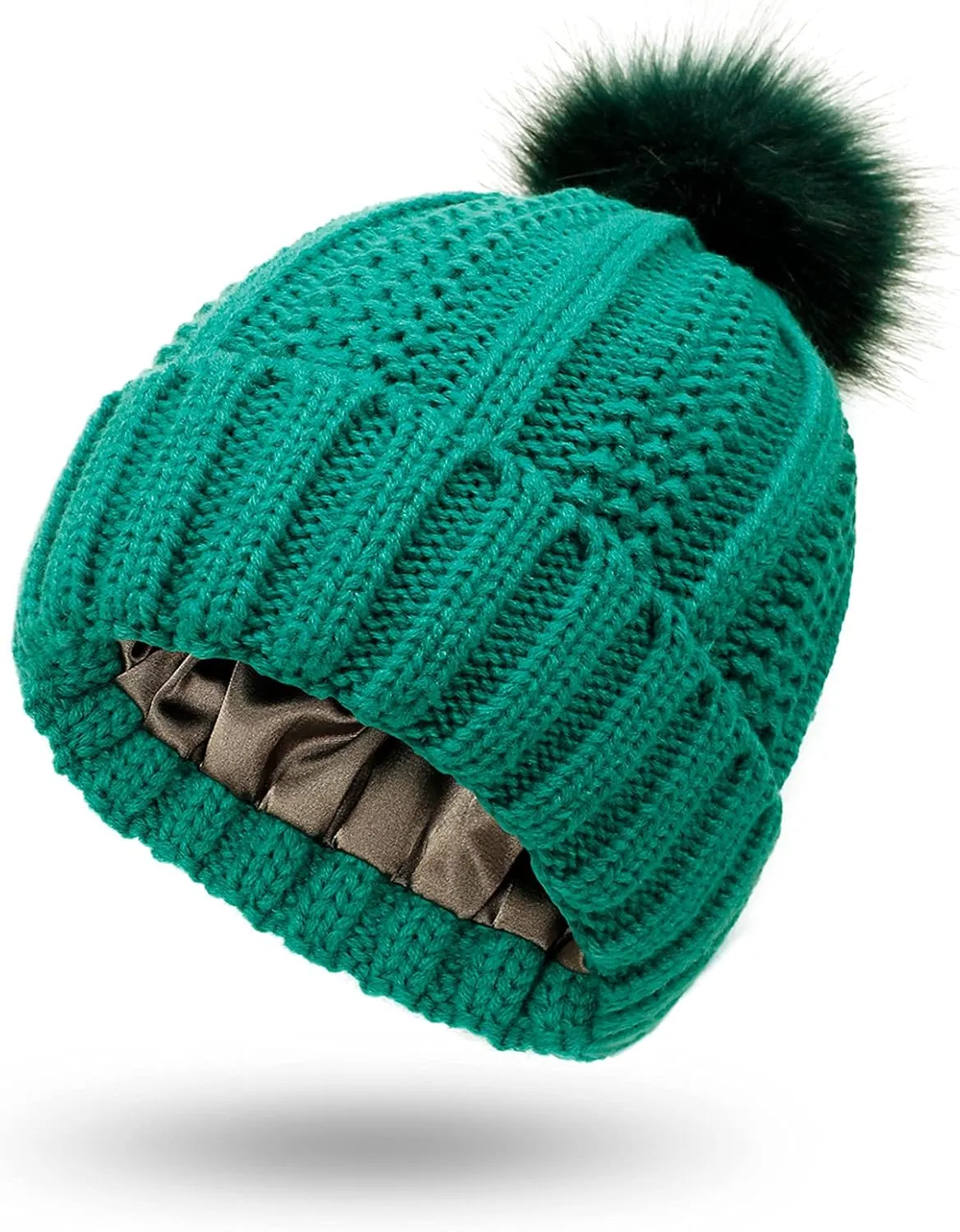 Womens Winter Pompom Beanie Hat, Womens Winter Warm Fleece Lined Knitted Soft Ski Cuff Cap with Pompom
