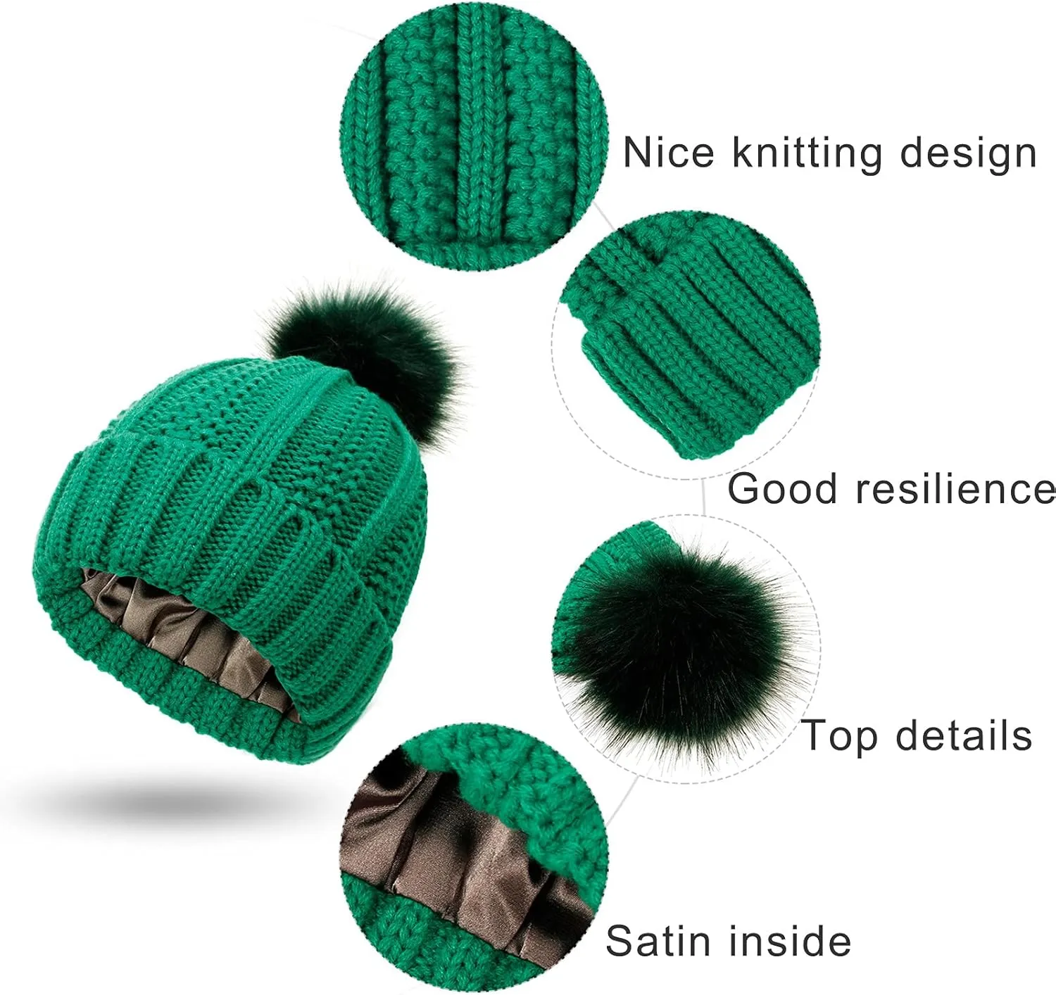 Womens Winter Pompom Beanie Hat, Womens Winter Warm Fleece Lined Knitted Soft Ski Cuff Cap with Pompom