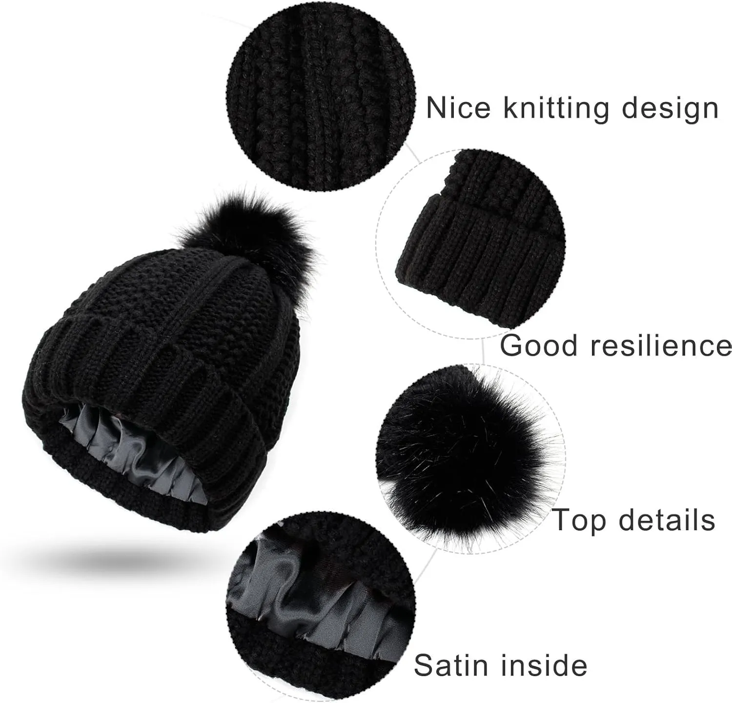 Womens Winter Pompom Beanie Hat, Womens Winter Warm Fleece Lined Knitted Soft Ski Cuff Cap with Pompom