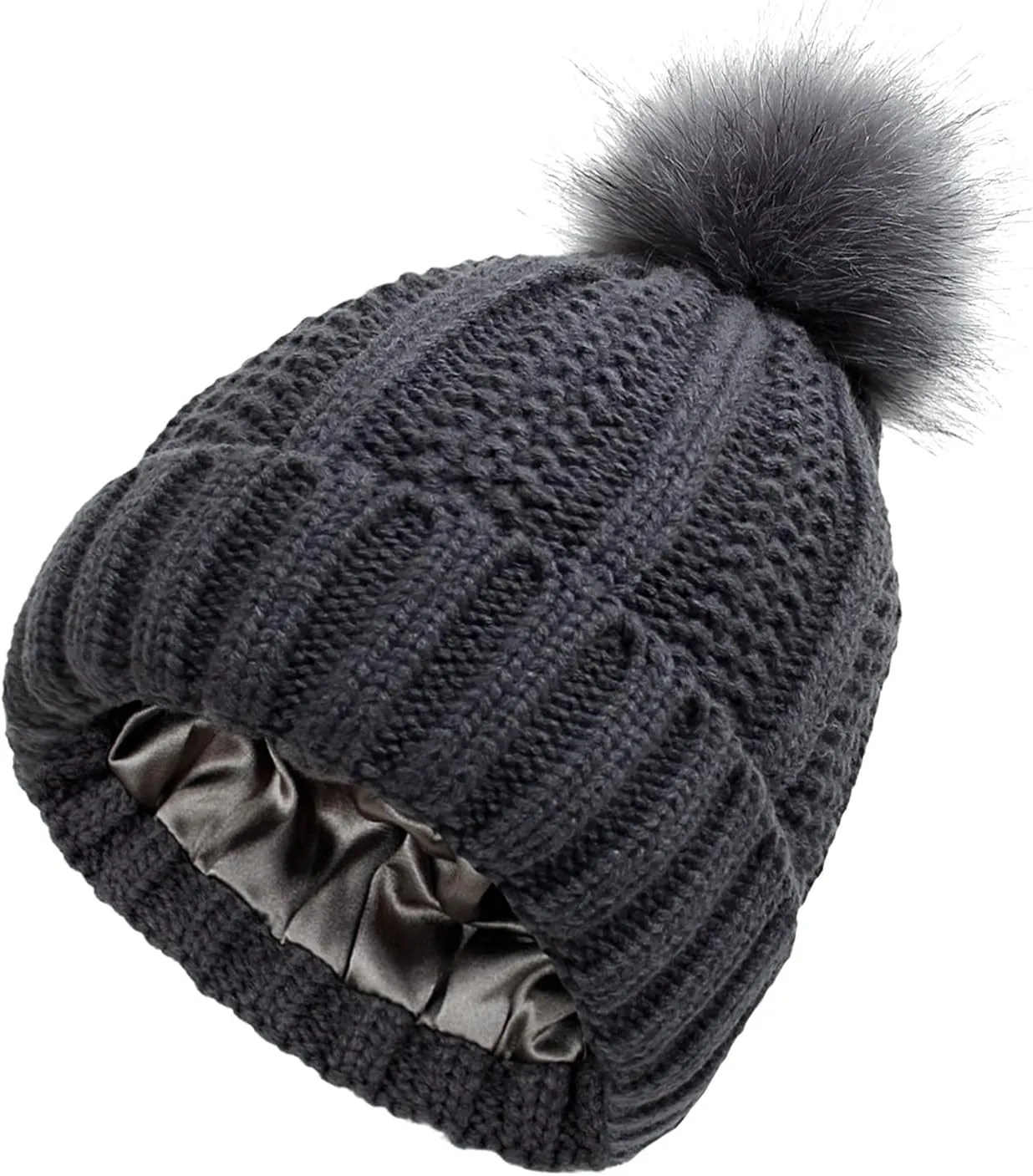 Womens Winter Pompom Beanie Hat, Womens Winter Warm Fleece Lined Knitted Soft Ski Cuff Cap with Pompom