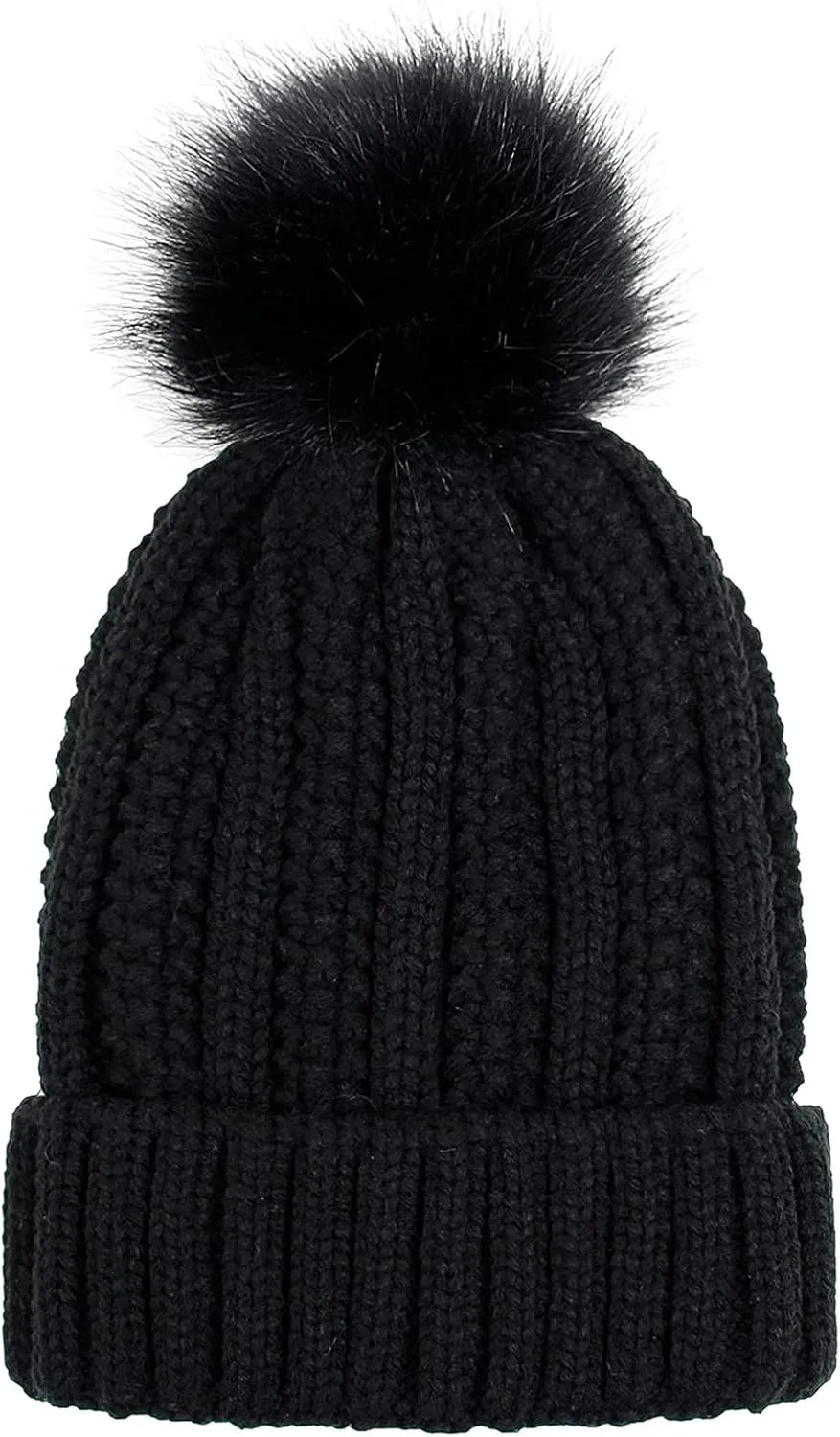 Womens Winter Pompom Beanie Hat, Womens Winter Warm Fleece Lined Knitted Soft Ski Cuff Cap with Pompom