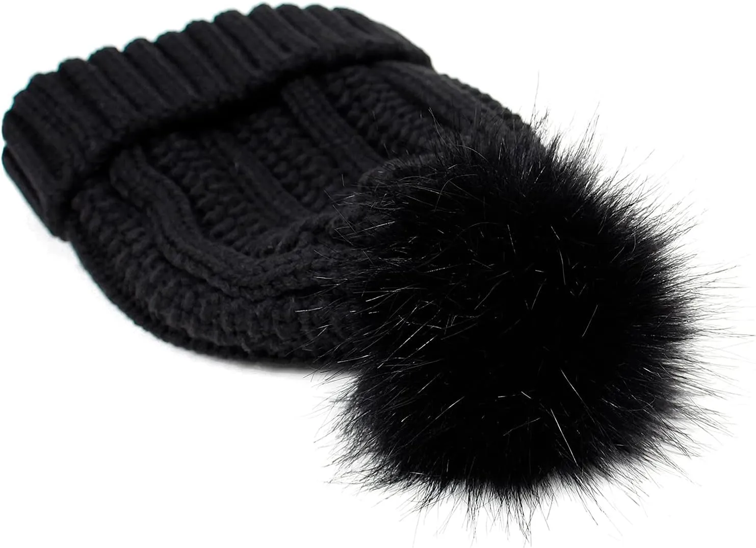 Womens Winter Pompom Beanie Hat, Womens Winter Warm Fleece Lined Knitted Soft Ski Cuff Cap with Pompom