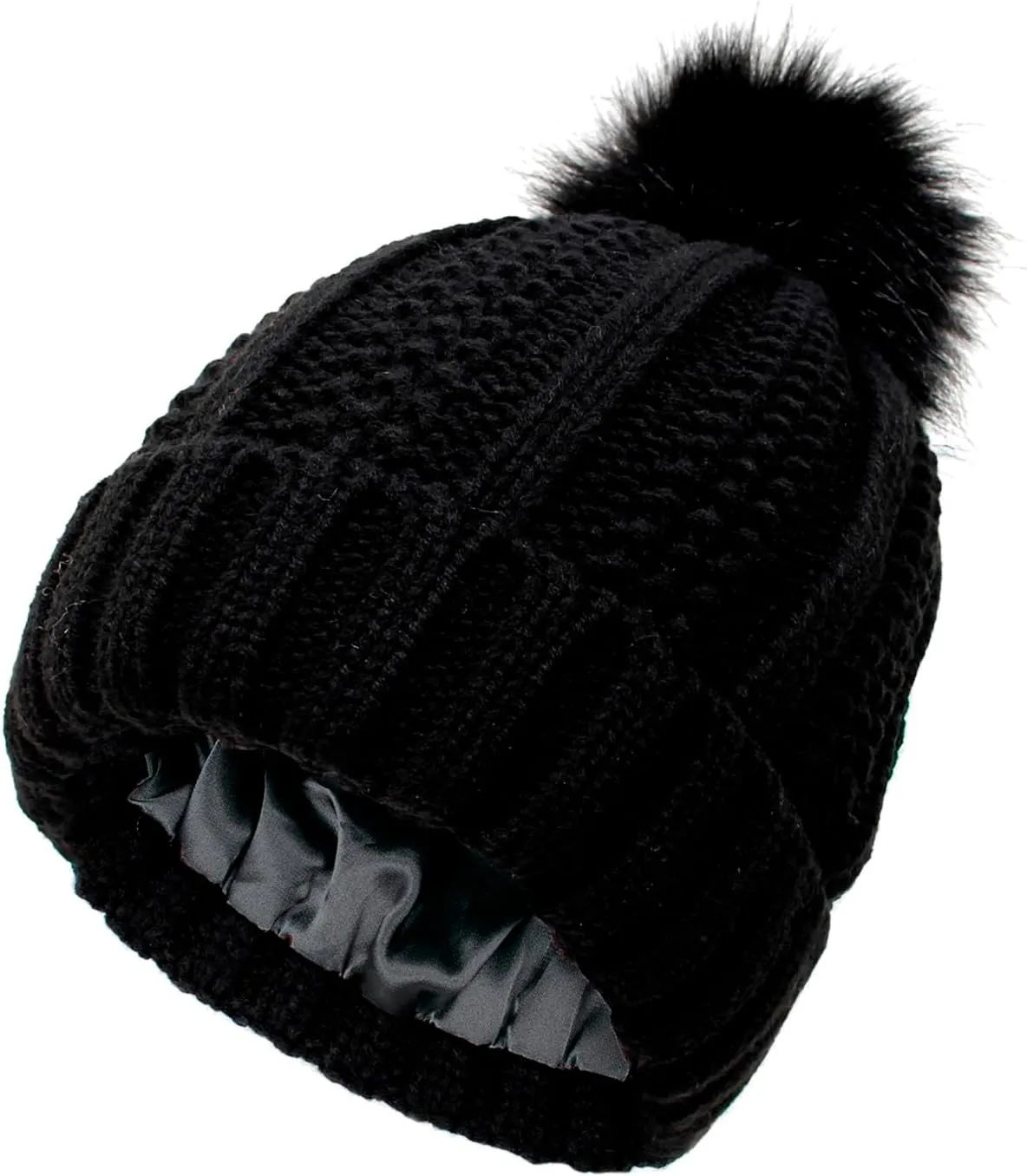 Womens Winter Pompom Beanie Hat, Womens Winter Warm Fleece Lined Knitted Soft Ski Cuff Cap with Pompom