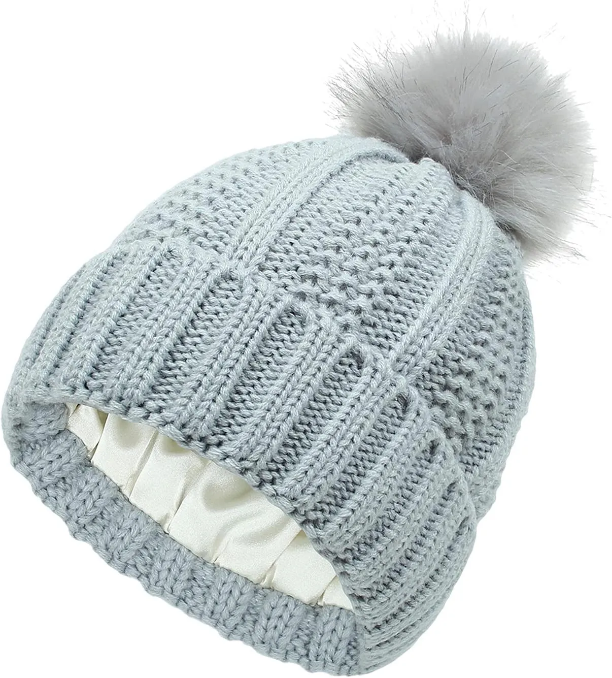 Womens Winter Pompom Beanie Hat, Womens Winter Warm Fleece Lined Knitted Soft Ski Cuff Cap with Pompom