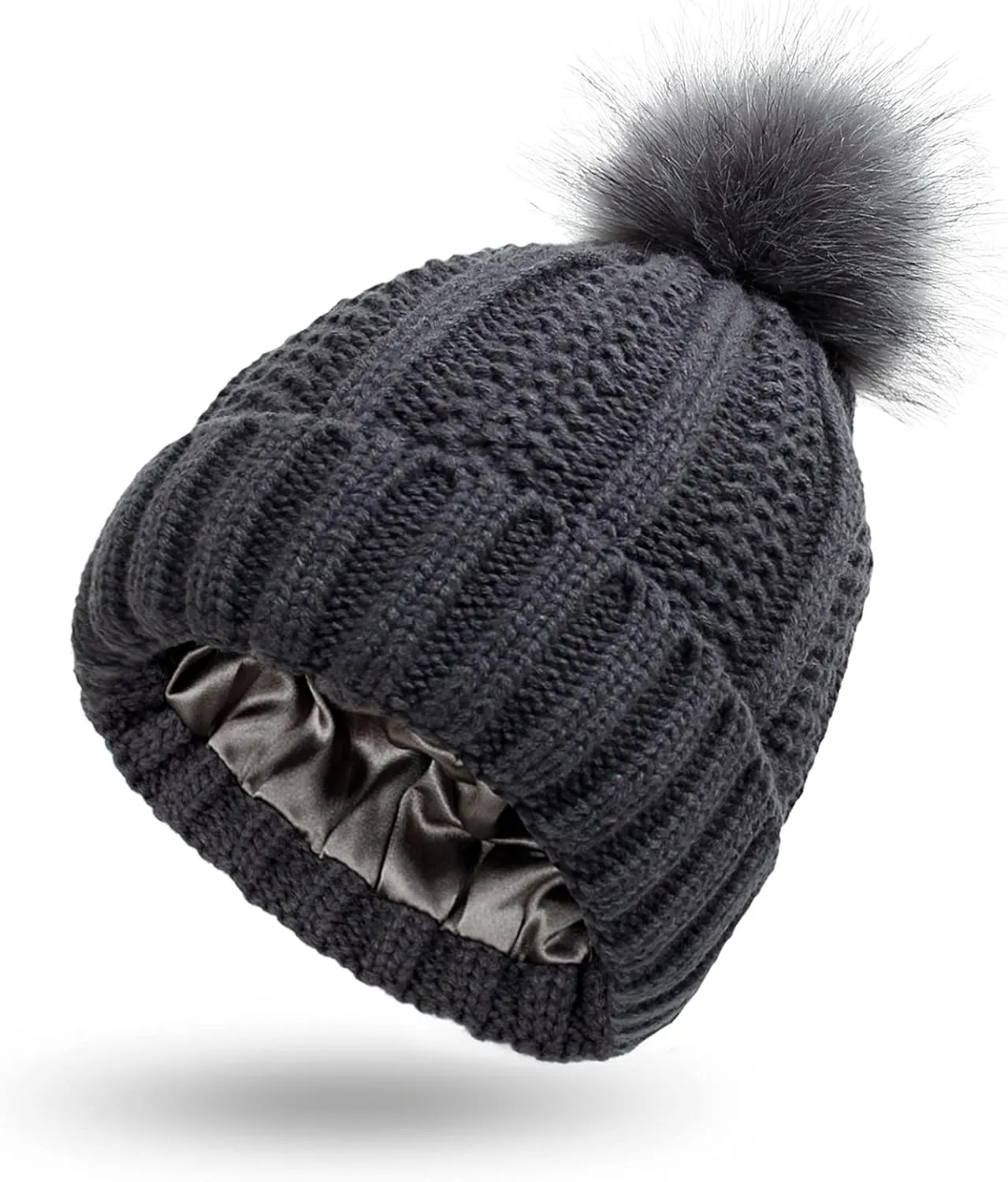 Womens Winter Pompom Beanie Hat, Womens Winter Warm Fleece Lined Knitted Soft Ski Cuff Cap with Pompom