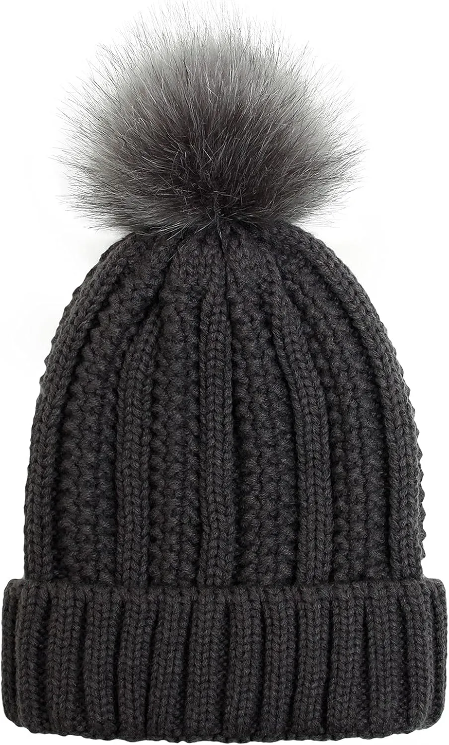 Womens Winter Pompom Beanie Hat, Womens Winter Warm Fleece Lined Knitted Soft Ski Cuff Cap with Pompom