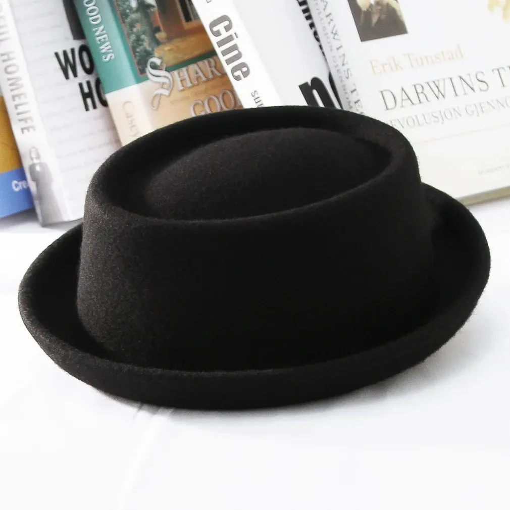 Wool Black Billycock Fedora Hat Elegant Roll Brim Concave Convex Hat