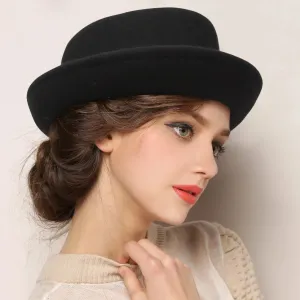 Wool Black Billycock Fedora Hat Elegant Roll Brim Concave Convex Hat