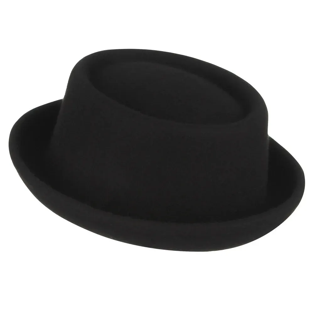 Wool Black Billycock Fedora Hat Elegant Roll Brim Concave Convex Hat